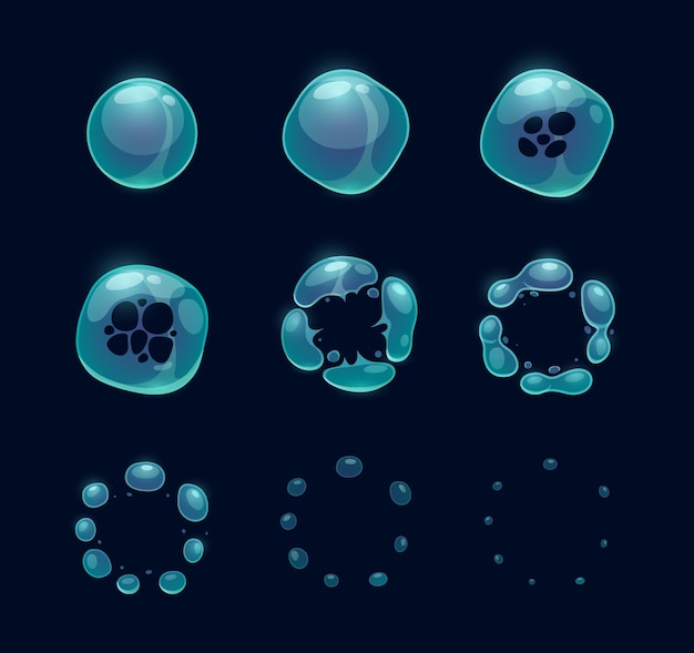 Vector efecto de explosión de pompas de jabón sprite animado explosión de burbujas transparentes animación vectorial para el guión gráfico del juego de explosión de esfera de agua de dibujos animados con salpicaduras y gotas explosión de secuencia de globos