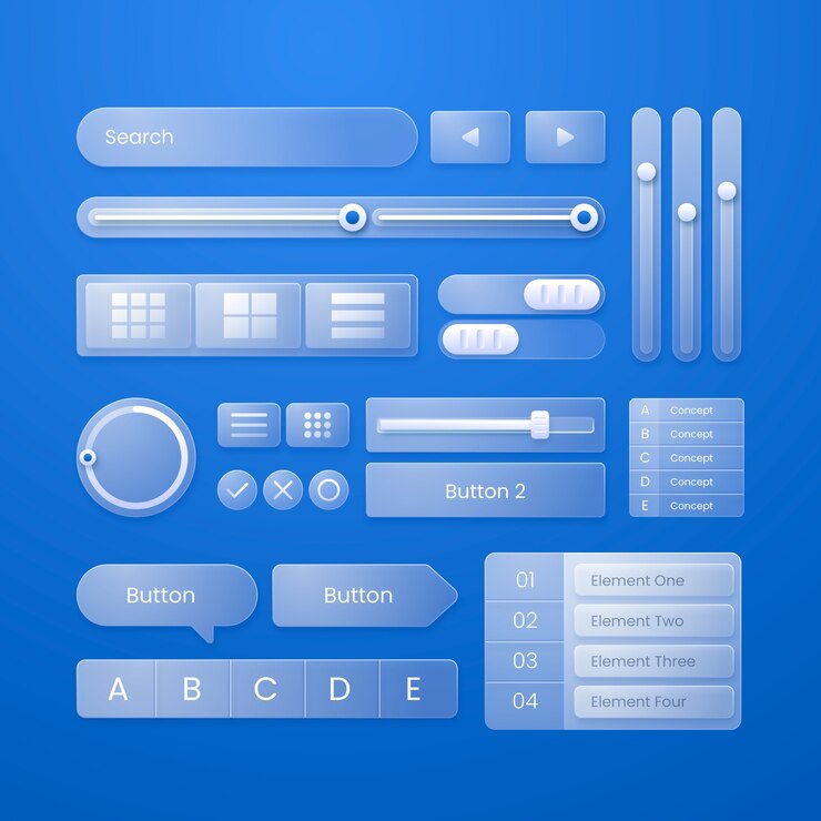 Vector efecto de glassmorphism gradiente de la colección de elementos ui