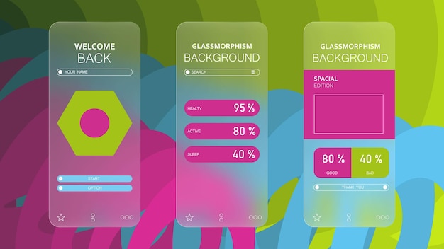Efecto de glassmorphism de gradiente de fondo Ilustración vectorial de plantillas de diseño de aplicaciones móviles