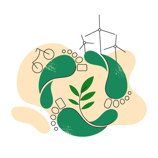 Efecto de la huella de carbono como problema de emisión de gas co2 de la naturaleza y concepto de equilibrio de ecología sostenible paso de pie verde o símbolo de reciclaje transporte ecológico o ilustración de vector plano lineal de energía