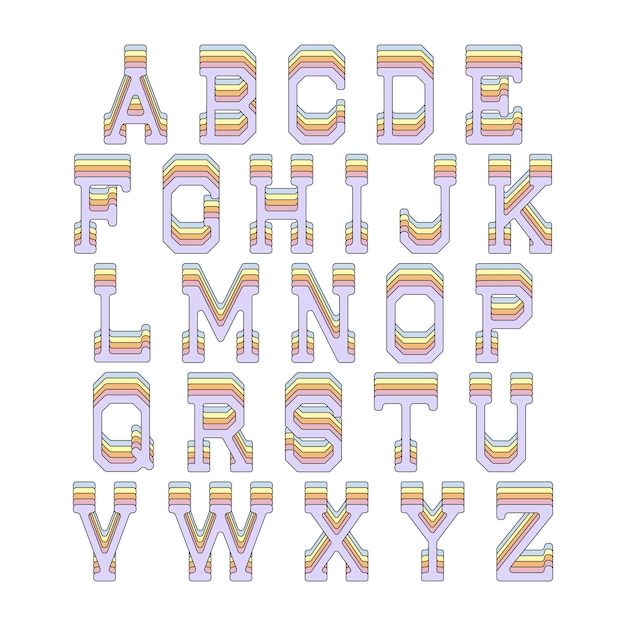 Efecto isométrico 3d de letras del alfabeto con patrón de arco iris. Ilustración vectorial.