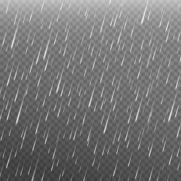 Vector efecto lluvia. gotas de agua realistas cayendo del cielo. fuertes lluvias, tormentas, chubascos, lluvias, temporada de monzones. fondo de vector lluvioso 3d