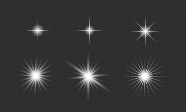 Vector efecto de luces brillantes, bengalas, explosiones y estrellas, estallido de estrellas con destellos
