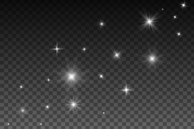 Vector efecto de luces brillantes, destellos, explosiones y estrellas. efecto especial aislado sobre fondo transparente. destellos de lente, estrellas y destellos con colección bokeh.