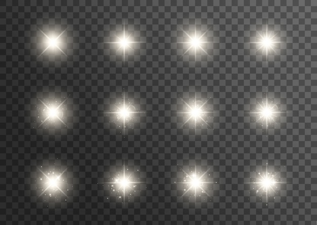 Efecto de luces brillantes. La estrella estalló con destellos. Efecto especial aislado sobre fondo transparente. Sol brillante transparente, destello brillante