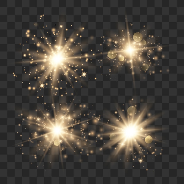 Efecto de luces doradas brillantes, destellos, explosiones y estrellas. Destello solar con rayos y reflectores.
