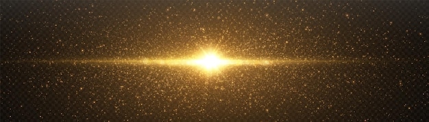 Efecto de luz abstracto sobre fondo transparente que brilla con un brillo lineal de neón polvo de oro y resplandor