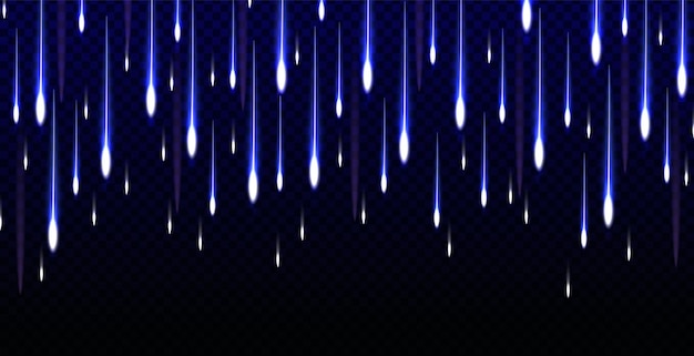 Vector efecto de luz azul realista de lluvia de meteoritos en meteoritos del cielo sobre fondo transparente dv realista
