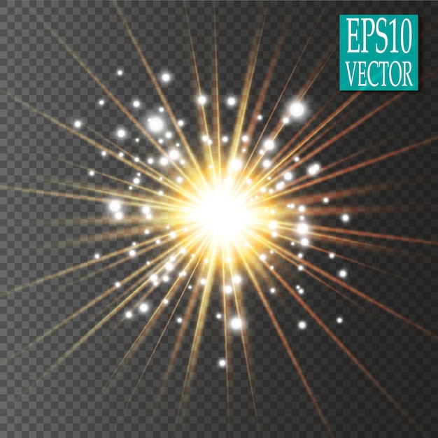 Efecto de luz brillante explosión de estrellas con destellos luces doradas brillantes