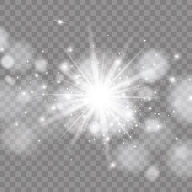 Vector efecto de luz de brillo estelar con destellos en el sol de fondo transparente