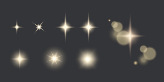 Efecto de luz de brillo realista estrellas brillantes chispas o colección de elementos vectoriales de luz solar
