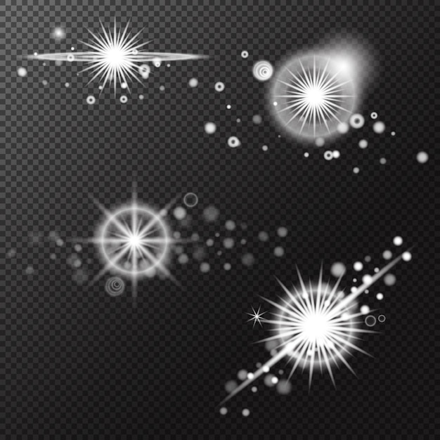 Efecto de luz de conjunto Explosión de llamarada aislada Brillo línea de polvo llamarada solar chispa estrella Efecto vectorial de luz solar