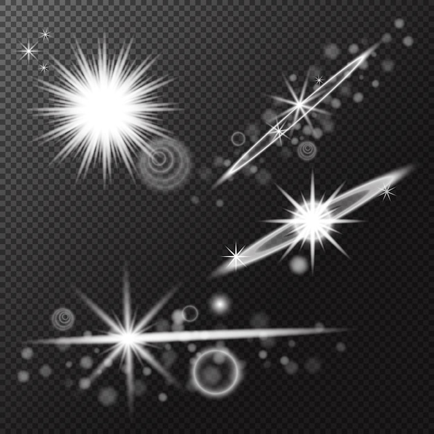 Efecto de luz de conjunto Explosión de llamarada aislada Brillo línea de polvo llamarada solar chispa estrella Efecto vectorial de luz solar