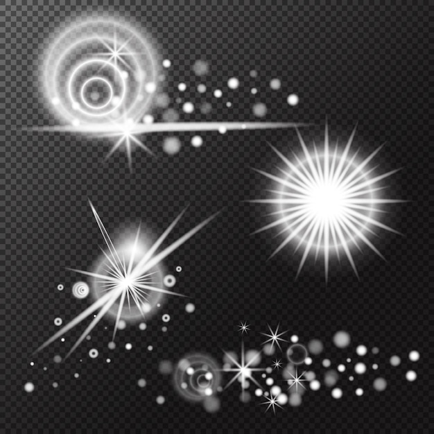 Efecto de luz de conjunto Explosión de llamarada aislada Brillo línea de polvo llamarada solar chispa estrella Efecto vectorial de luz solar