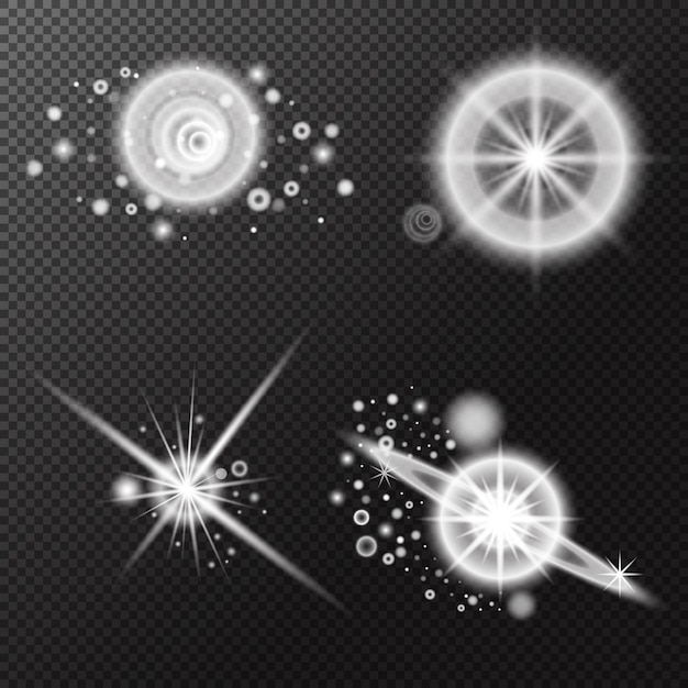 Efecto de luz de conjunto Explosión de llamarada aislada Brillo línea de polvo llamarada solar chispa estrella Efecto vectorial de luz solar