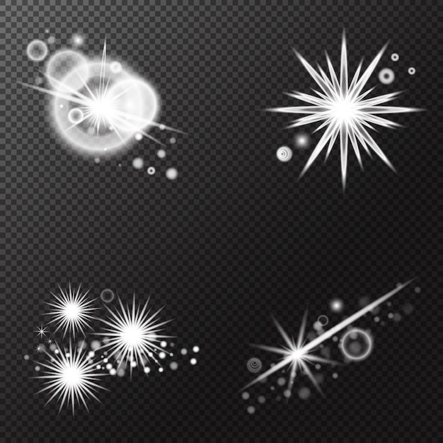 Efecto de luz de conjunto Explosión de llamarada aislada Brillo línea de polvo llamarada solar chispa estrella Efecto vectorial de luz solar