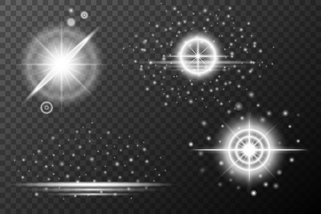 Efecto de luz de conjunto Explosión de llamarada aislada Brillo línea de polvo llamarada solar chispa estrella Efecto vectorial de luz solar