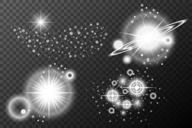 Efecto de luz de conjunto Explosión de llamarada aislada Brillo línea de polvo llamarada solar chispa estrella Efecto vectorial de luz solar