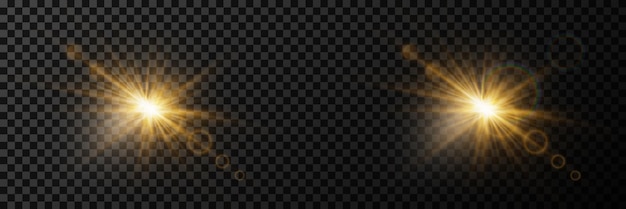 Efecto de luz deslumbrante Conjunto de llamaradas de estrellas y llamaradas en un fondo transparente