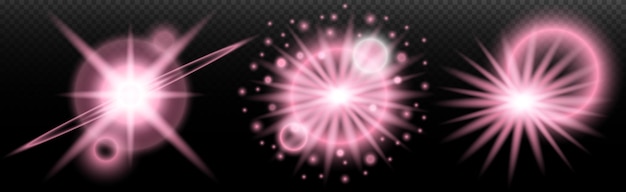 Efecto de luz destello aislado explosión de neumático línea de polvo destello solar estrella chispa conjunto vectorial de luz solar rosa