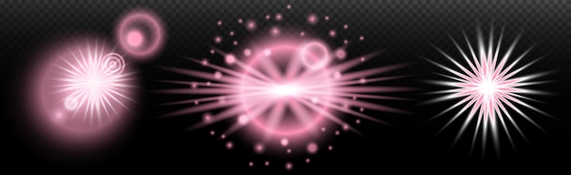 Efecto de luz destello aislado explosión de neumático línea de polvo destello solar estrella chispa conjunto vectorial de luz solar rosa