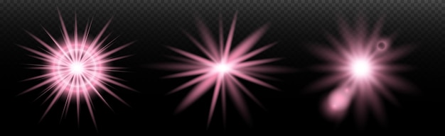 Efecto de luz destello aislado explosión de neumático línea de polvo destello solar estrella chispa conjunto vectorial de luz solar rosa