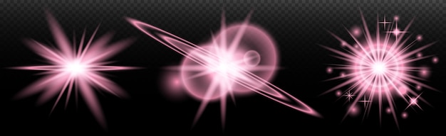 Efecto de luz destello aislado explosión de neumático línea de polvo destello solar estrella chispa conjunto vectorial de luz solar rosa