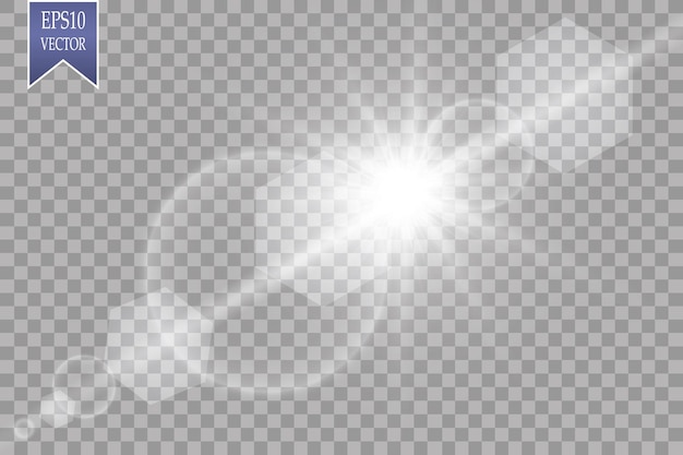 Vector efecto de luz de destello de lente especial de luz solar transparente vectorial. flash de sol con rayos y foco. eps 10