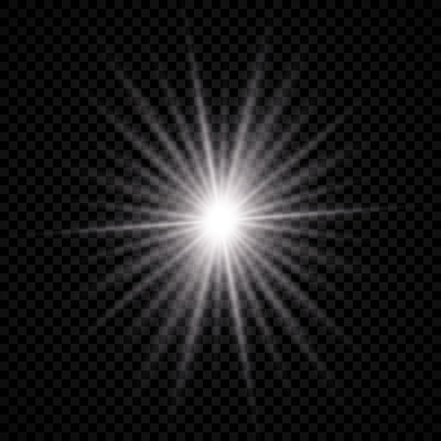 Efecto de luz de destello de lente. La luz blanca brillante explota con efectos de explosión estelar y brilla sobre un fondo transparente. ilustración vectorial