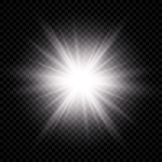 Efecto de luz de destello de lente. La luz blanca brillante explota con efectos de explosión estelar y brilla sobre un fondo transparente. ilustración vectorial