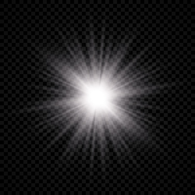 Efecto de luz de destello de lente. La luz blanca brillante explota con efectos de explosión estelar y brilla sobre un fondo transparente. ilustración vectorial