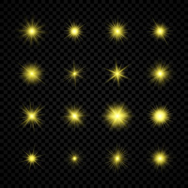 Efecto de luz de destellos de lente. Conjunto de dieciséis efectos estelares de luces brillantes amarillas con destellos sobre un fondo transparente. Ilustración vectorial