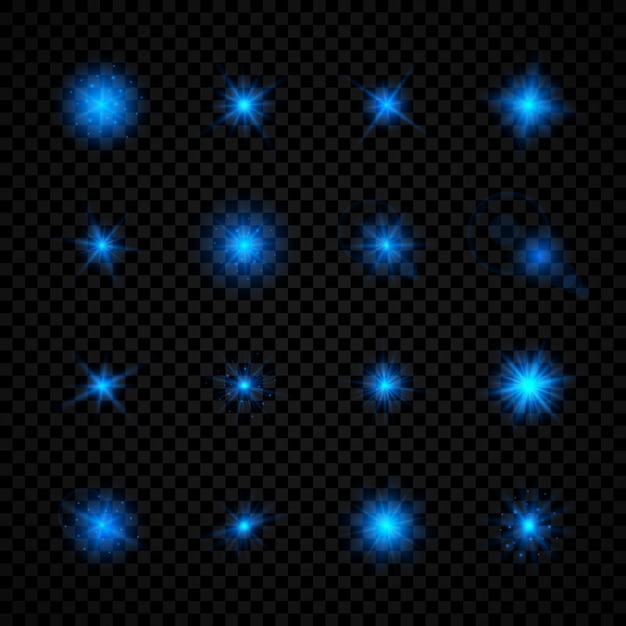 Efecto de luz de destellos de lente. conjunto de dieciséis efectos estelares de luces brillantes azules con destellos sobre un fondo transparente. ilustración vectorial