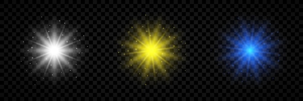 Efecto de luz de destellos de lente Conjunto de tres luces blancas amarillas y azules brillantes efectos de estallido con destellos sobre un fondo transparente Ilustración vectorial
