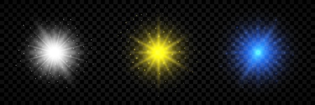 Efecto de luz de destellos de lente Conjunto de tres luces blancas amarillas y azules brillantes efectos de estallido con destellos sobre un fondo transparente Ilustración vectorial