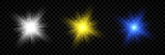 Efecto de luz de destellos de lente Conjunto de tres luces blancas amarillas y azules brillantes efectos de estallido con destellos sobre un fondo transparente Ilustración vectorial