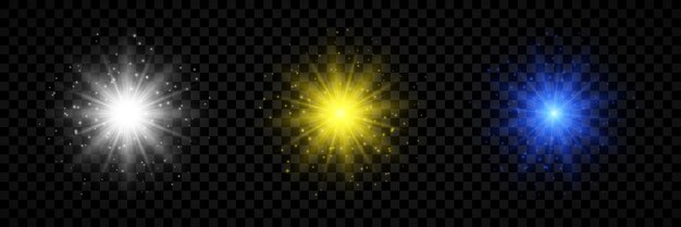 Efecto de luz de destellos de lente Conjunto de tres luces blancas amarillas y azules brillantes efectos de estallido con destellos sobre un fondo transparente Ilustración vectorial