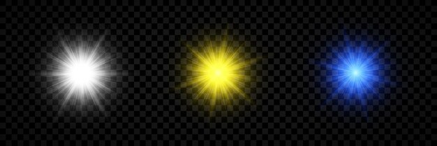 Efecto de luz de destellos de lente Conjunto de tres luces blancas amarillas y azules brillantes efectos de estallido con destellos sobre un fondo transparente Ilustración vectorial