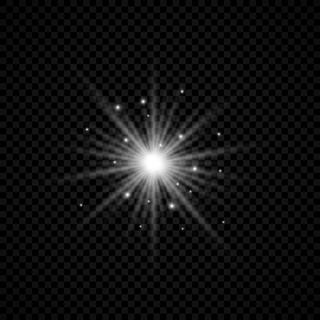 Efecto de luz de destellos de lente. Efectos de starburst de luces blancas brillantes con destellos sobre un fondo transparente. Ilustración vectorial