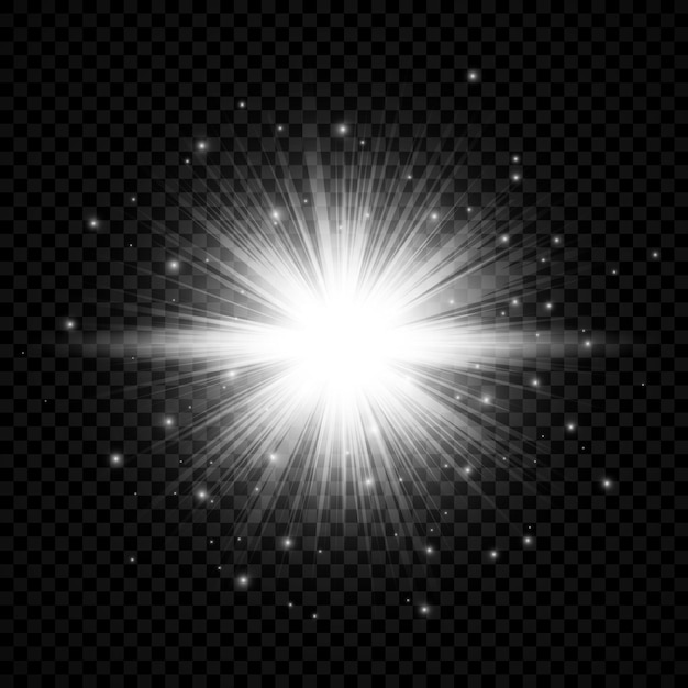 Efecto de luz de destellos de lente. Efectos de starburst de luces blancas brillantes con destellos sobre un fondo transparente. Ilustración vectorial