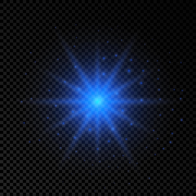Efecto de luz de destellos de lente. Efectos de starburst de luces brillantes azules con destellos sobre un fondo transparente. Ilustración vectorial