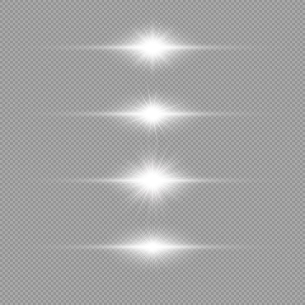 Efecto de luz de destellos de lentes Conjunto de cuatro efectos de explosión de luz brillante horizontal blanca con destellos sobre un fondo gris transparente Ilustración vectorial