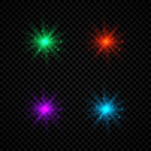 Efecto de luz de destellos de lentes Conjunto de cuatro luces brillantes verdes, rojas, violetas y azules, efectos de estallido estelar con destellos sobre un fondo transparente oscuro Ilustración vectorial