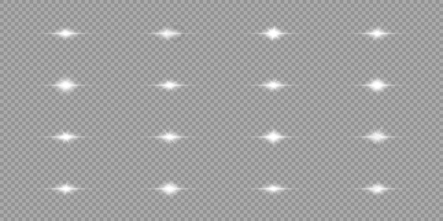 Efecto de luz de destellos de lentes conjunto de efectos de explosión de luz brillante horizontal blanca con destellos sobre un fondo gris transparente ilustración vectorial