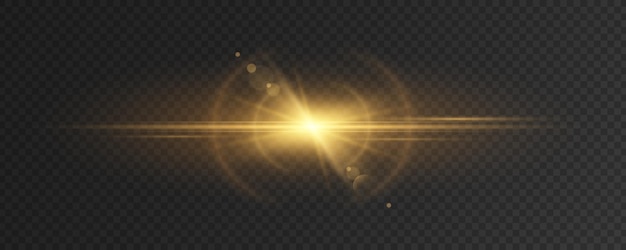 Efecto de luz dorada en un fondo transparente oscuro Destello dorado brillante con rayos Efecto láser abstracto Brillas y destellos Ilustración vectorial