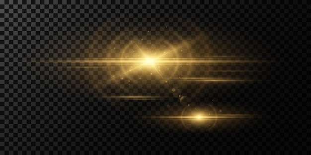 efecto de luz dorada sobre un fondo transparente oscuro. chispas brillantes. rayos mágicos. llamarada con rayos