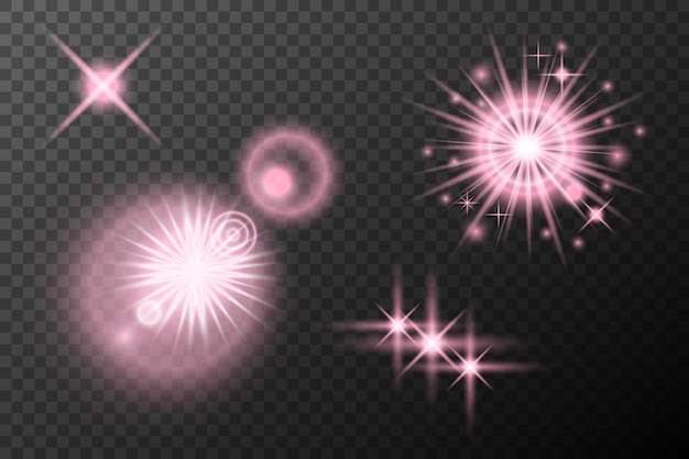 Efecto de luz establecida Explosión de llamarada aislada rosa Línea de polvo brillante Llamada solar Estrella chispa luz neón vacaciones elemento vectorial de festival