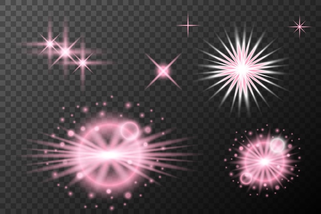 Efecto de luz establecida Explosión de llamarada aislada rosa Línea de polvo brillante Llamada solar Estrella chispa luz neón vacaciones elemento vectorial de festival