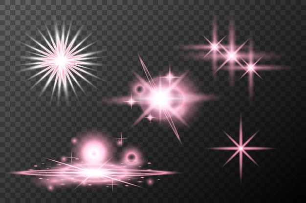 Efecto de luz establecida Explosión de llamarada aislada rosa Línea de polvo brillante Llamada solar Estrella chispa luz neón vacaciones elemento vectorial de festival