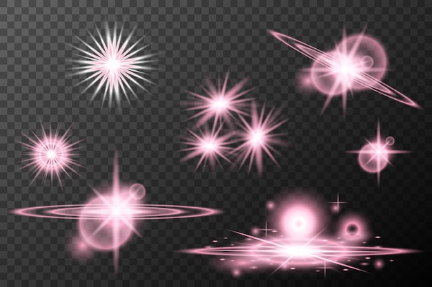 Efecto de luz establecida Explosión de llamarada aislada rosa Línea de polvo brillante Llamada solar Estrella chispa luz neón vacaciones elemento vectorial de festival